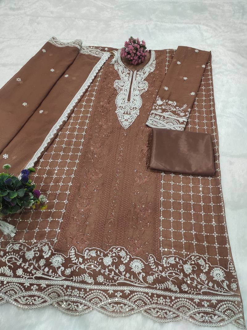 Peach embroidered silk pakistani salwar suit