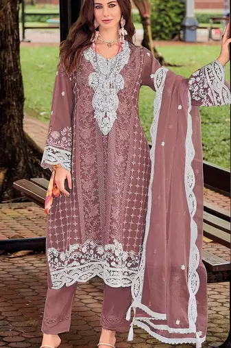 Badami embroidered silk pakistani salwar suit