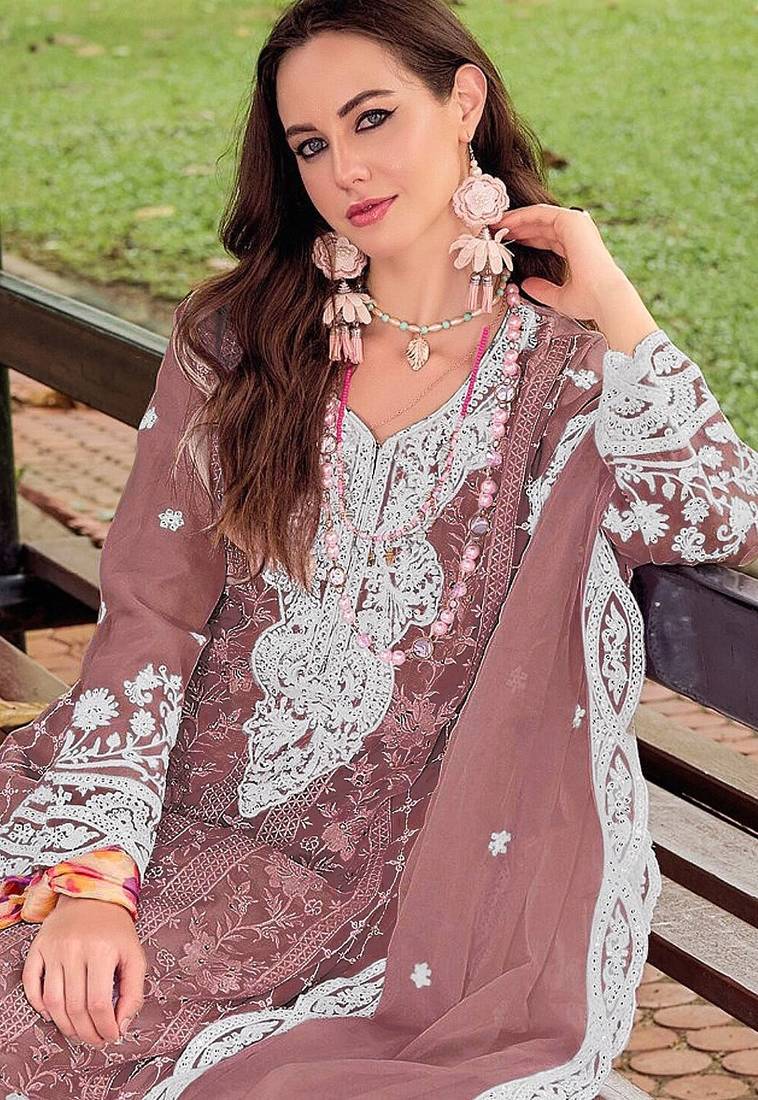 Badami embroidered silk pakistani salwar suit