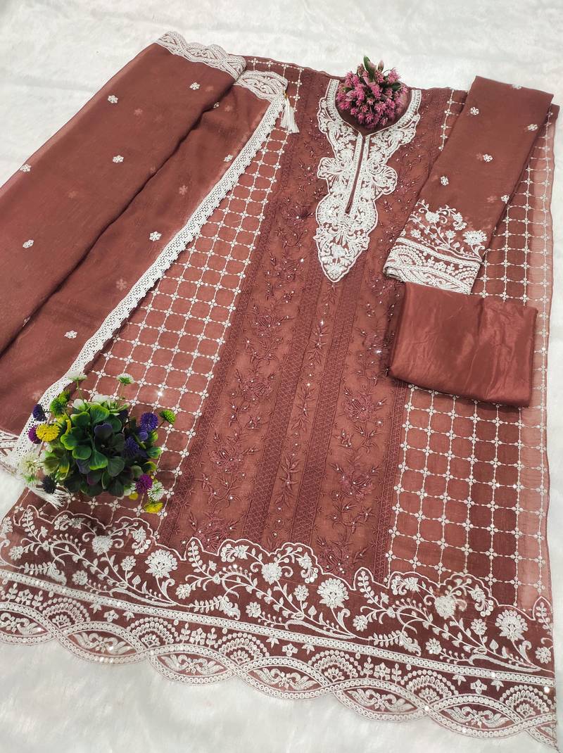 Badami embroidered silk pakistani salwar suit