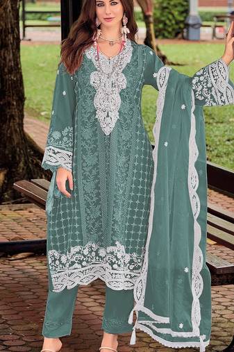 Sky embroidered silk pakistani salwar suit