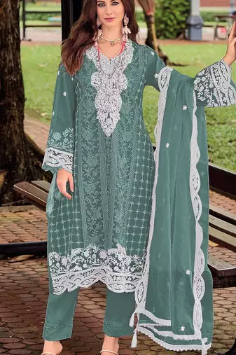 Sky embroidered silk pakistani salwar suit