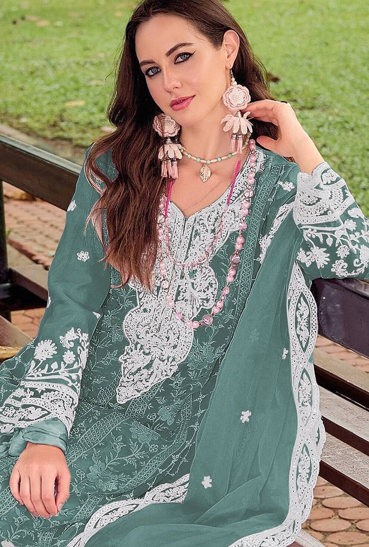 Sky embroidered silk pakistani salwar suit