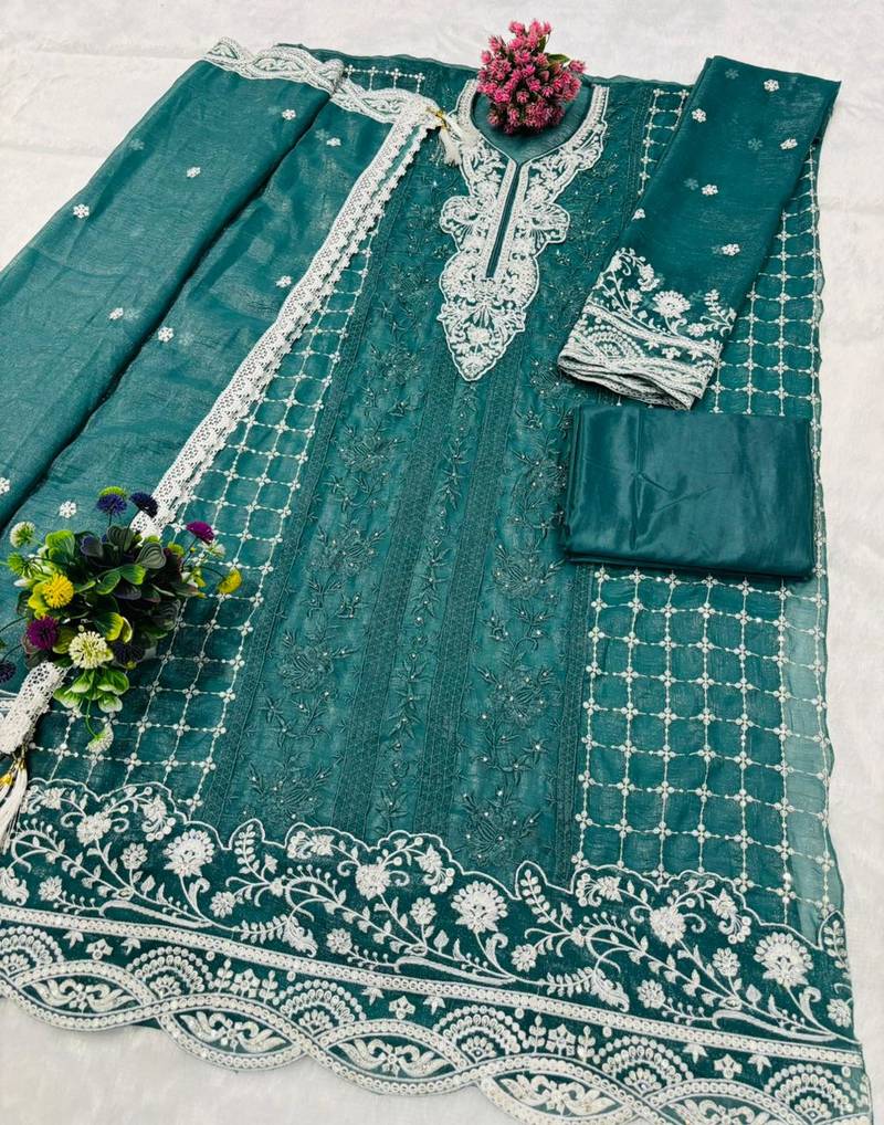 Sky embroidered silk pakistani salwar suit