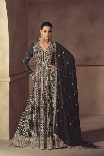 Black embroidered chinon anarkali suit