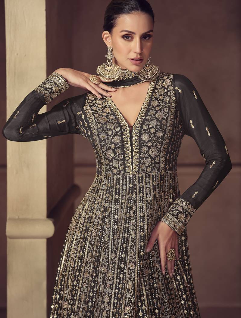 Black embroidered chinon anarkali suit