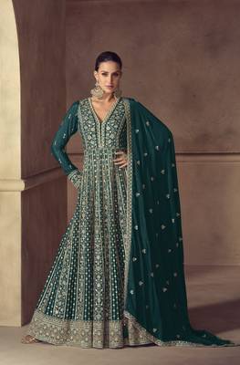 Teal embroidered chinon anarkali suit 1