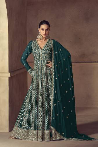 Teal embroidered chinon anarkali suit