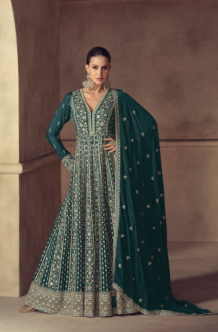 Teal embroidered chinon anarkali suit
