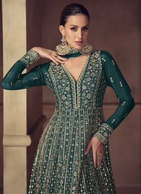 Teal embroidered chinon anarkali suit 2