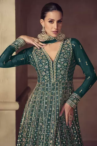Teal embroidered chinon anarkali suit