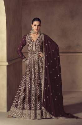 Brown embroidered chinon anarkali suit 1