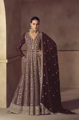 Brown embroidered chinon anarkali suit