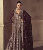 Brown embroidered chinon anarkali suit