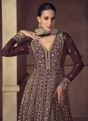 Brown embroidered chinon anarkali suit 2
