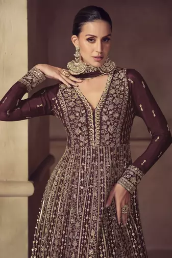 Brown embroidered chinon anarkali suit