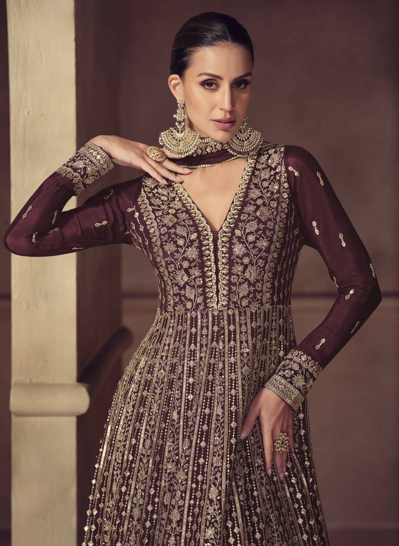 Brown embroidered chinon anarkali suit