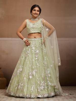 Lime green Net Sequins embroidered Lehenga Choli With Dupatta 6