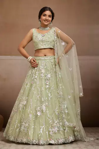Lime green Net Sequins embroidered Lehenga Choli With Dupatta