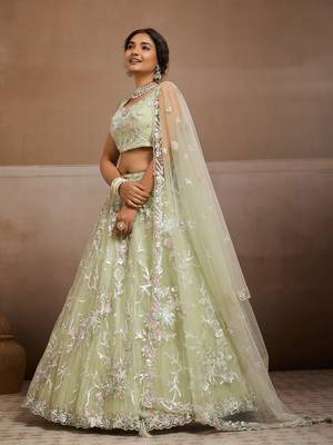 Lime green Net Sequins embroidered Lehenga Choli With Dupatta 7