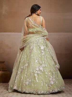 Lime green Net Sequins embroidered Lehenga Choli With Dupatta 8