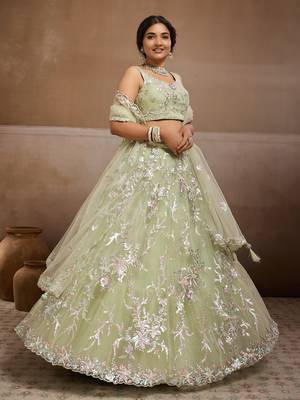 Lime green Net Sequins embroidered Lehenga Choli With Dupatta 10