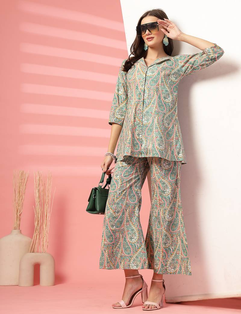 cotton sea green paisley print co-ord set