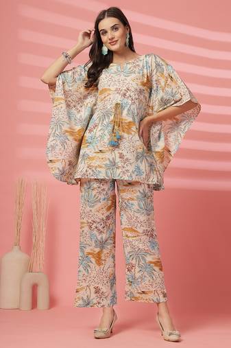 cotton mustard tropical print co-ord set