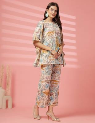 cotton mustard tropical print co-ord set 3
