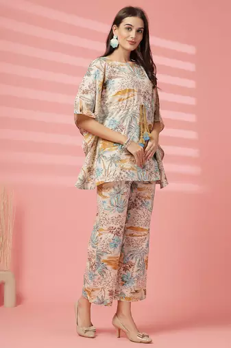 cotton mustard tropical print co-ord set