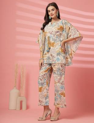 cotton mustard tropical print co-ord set 4