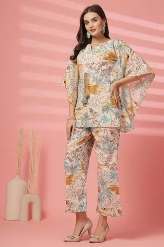 cotton mustard tropical print co-ord set