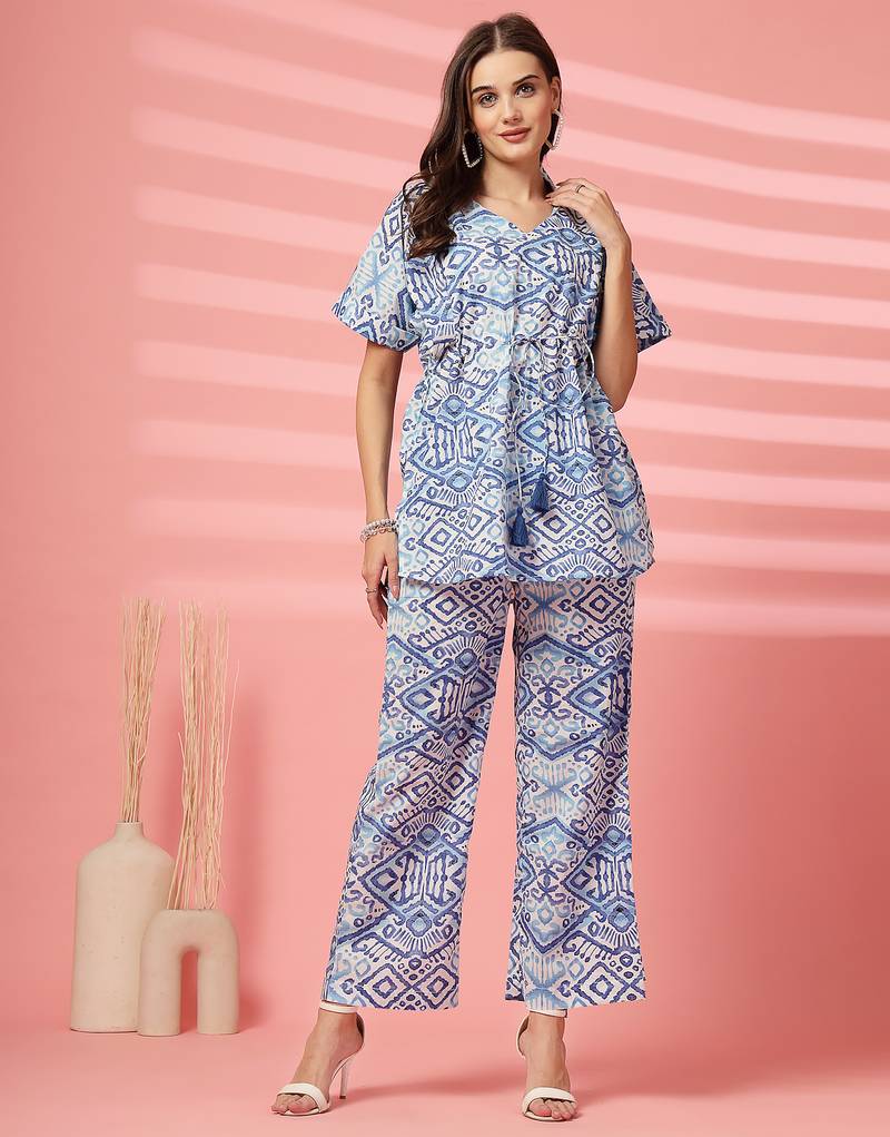 cotton blue abstract print co-ord set