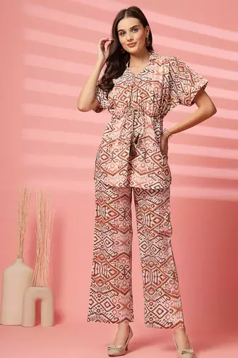cotton brown abstract print co-ord set