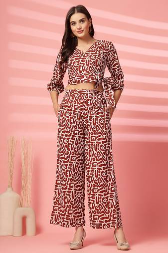 cotton brown abstract print co-ord set