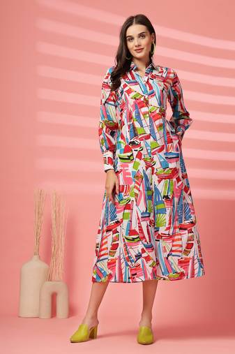 cotton multicolor abstract print shirt a-line dress