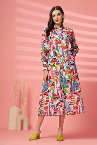 cotton multicolor abstract print shirt a-line dress