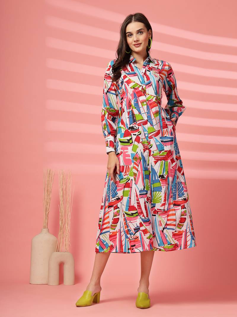 cotton multicolor abstract print shirt a-line dress