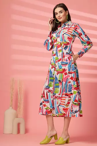 cotton multicolor abstract print shirt a-line dress