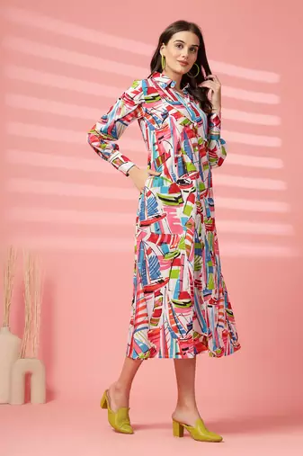 cotton multicolor abstract print shirt a-line dress