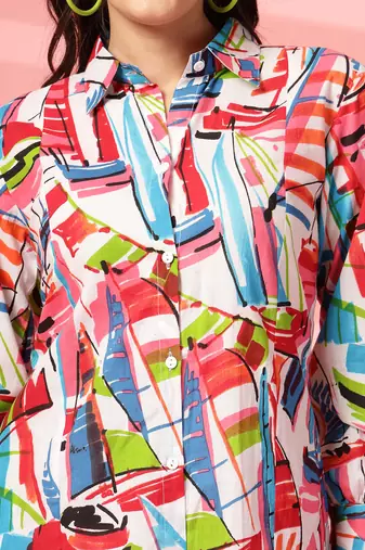 cotton multicolor abstract print shirt a-line dress