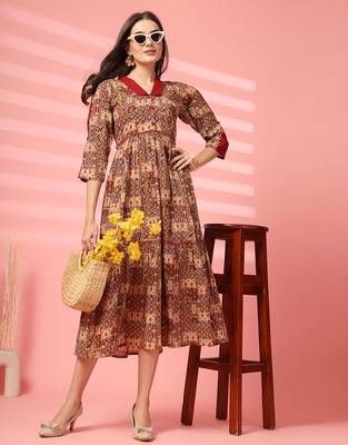 cotton maroon ethnic print maxi dress 1
