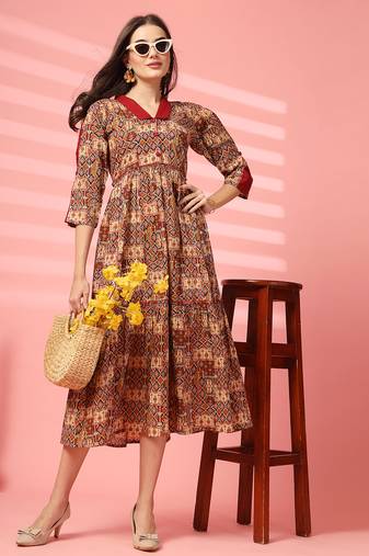 cotton maroon ethnic print maxi dress