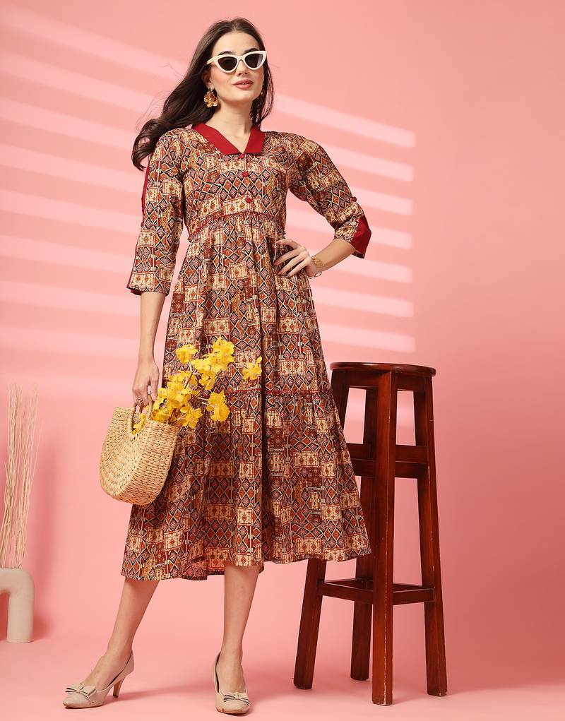 cotton maroon ethnic print maxi dress