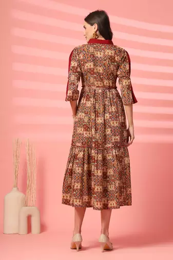 cotton maroon ethnic print maxi dress