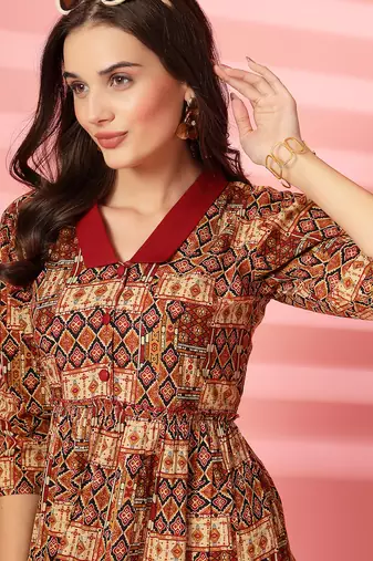cotton maroon ethnic print maxi dress