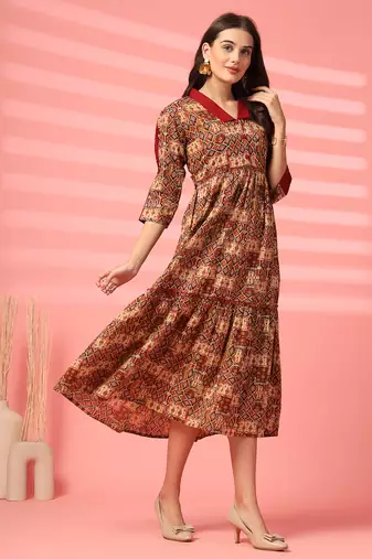 cotton maroon ethnic print maxi dress