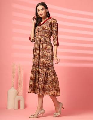 cotton maroon ethnic print maxi dress 5