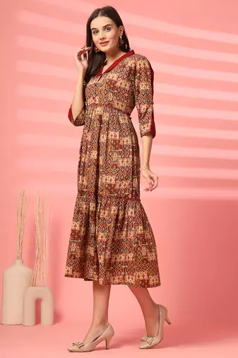 cotton maroon ethnic print maxi dress