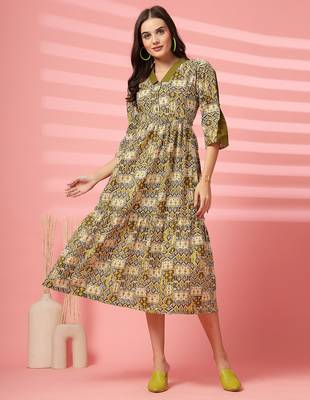 cotton olive green ethnic print maxi dress 1